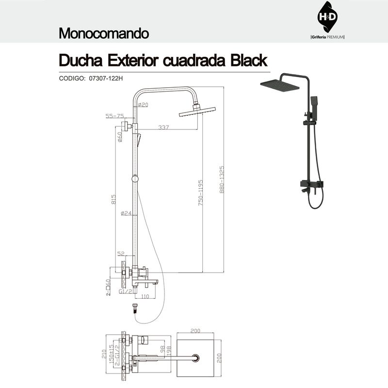 Griferia-Ducha-Cuadrada-H-D--07307-122H--Negro-Exterior